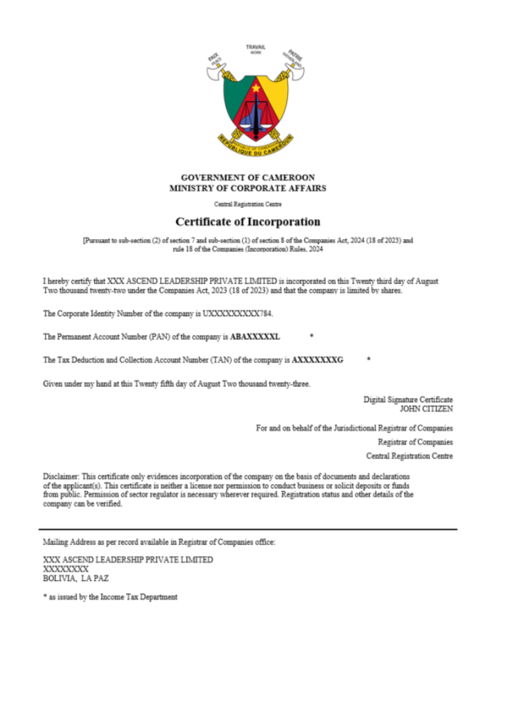 Download Cameroon   certificate of registration Word and PDF template Photoshop template